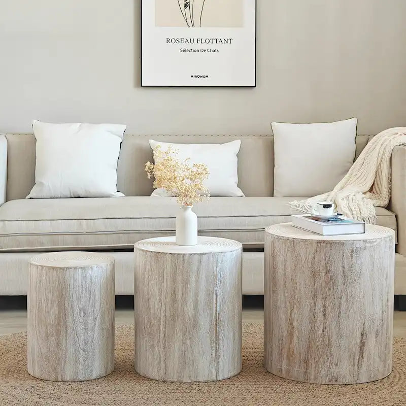 Tables basses rustiques en bois avec motifs distinctifs de cernes d'arbre - Parfaites pour le salon