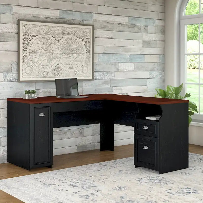 Bureau d'angle avec tiroirs et espace de rangement
