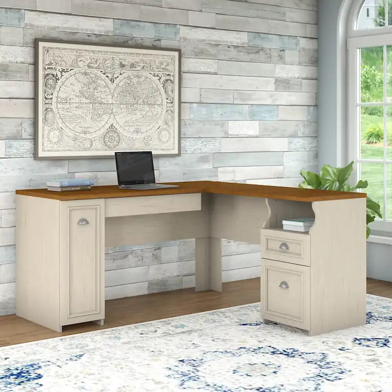 Bureau d'angle avec tiroirs et espace de rangement