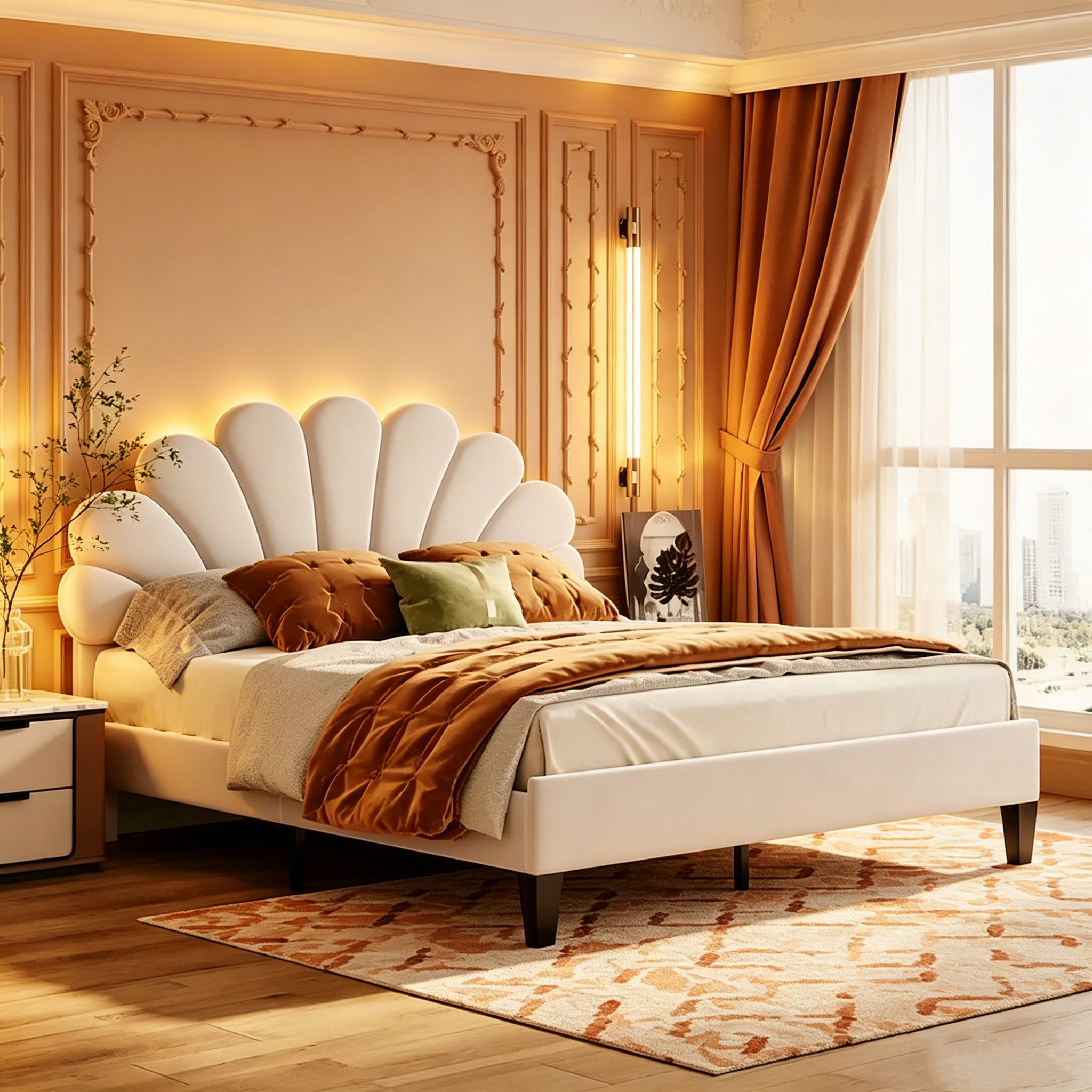 Lit plateforme moderne Queen Size, cadre de lit tapissé de velours avec tête de lit à motif floral et lattes en bois massif