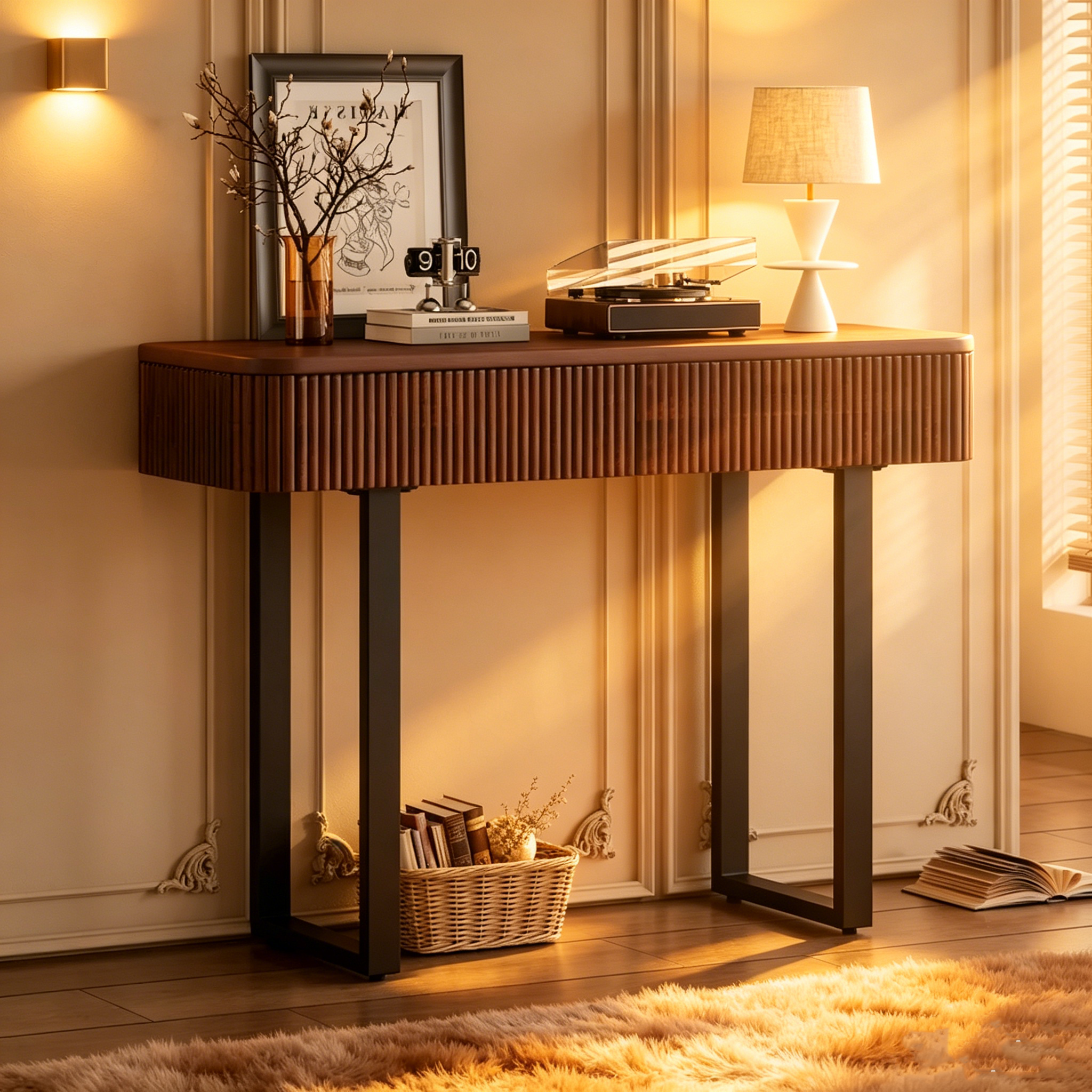 Console d'entrée moderne en bois massif avec motif cannelé et rangement