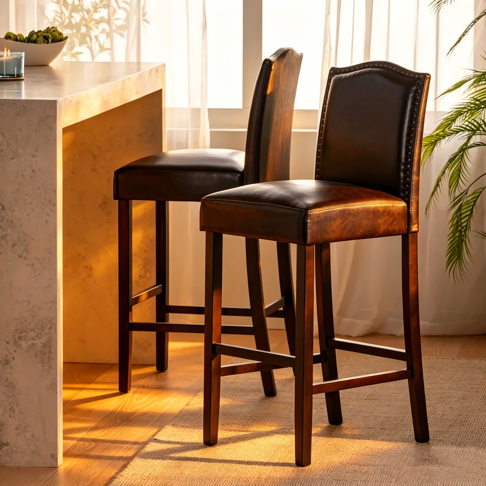 Lot de 2 tabourets de bar modernes avec dossiers rembourrés en cuir, clous décoratifs et pieds en bois massif pour salle à manger, salon, bar