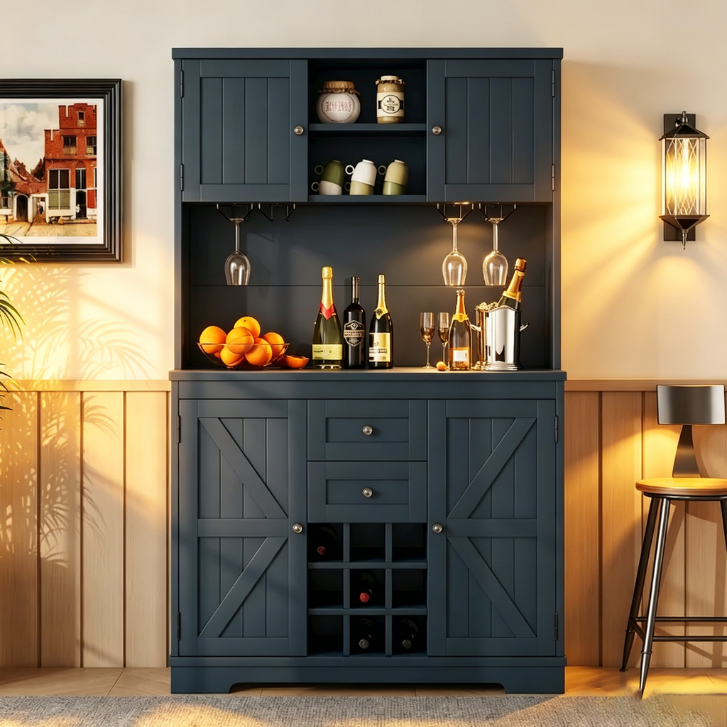 Meuble de rangement pour café, Meuble de cuisine avec rangements, Meuble de bar avec tiroirs, étagères et armoires, Buffet avec porte-bouteilles et verres