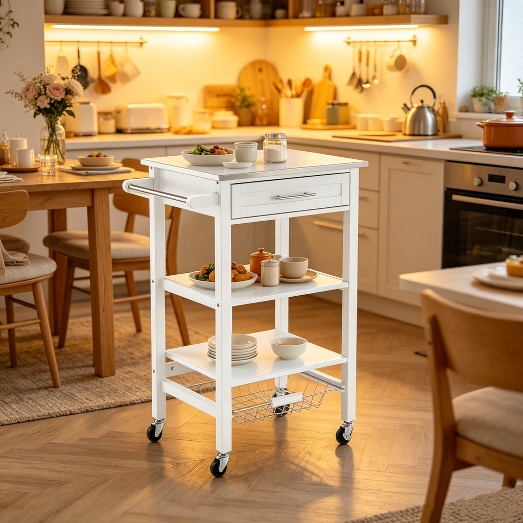 Chariot de cuisine avec 2 étagères en bois et 1 tiroir, blanc