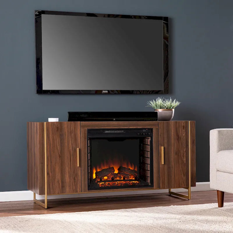 Meuble TV multimédia contemporain en bois marron avec foyer électrique, pour téléviseurs jusqu'à 52 pouces