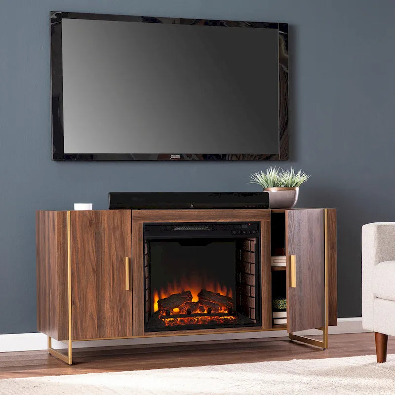 Meuble TV multimédia contemporain en bois marron avec foyer électrique, pour téléviseurs jusqu'à 52 pouces