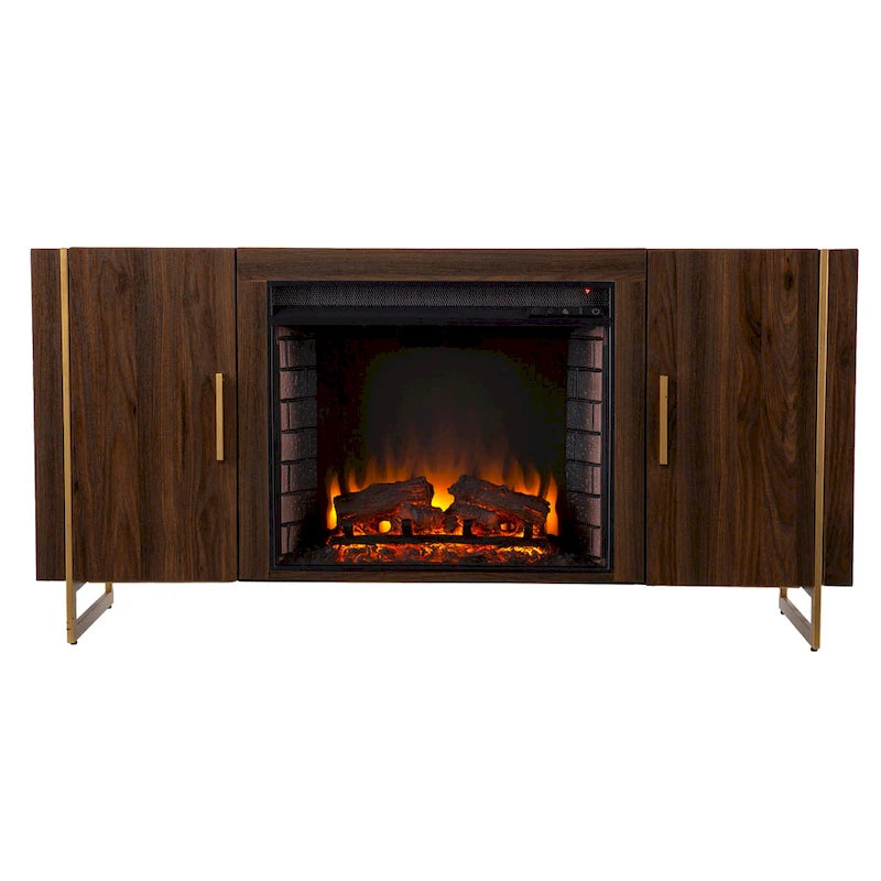Meuble TV multimédia contemporain en bois marron avec foyer électrique, pour téléviseurs jusqu'à 52 pouces
