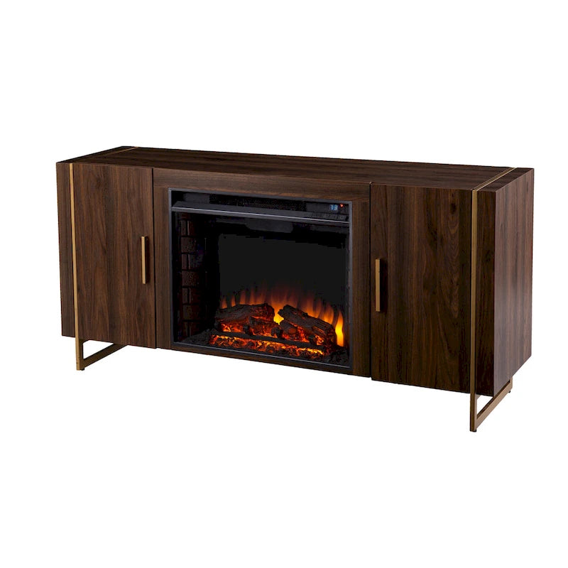 Meuble TV multimédia contemporain en bois marron avec foyer électrique, pour téléviseurs jusqu'à 52 pouces