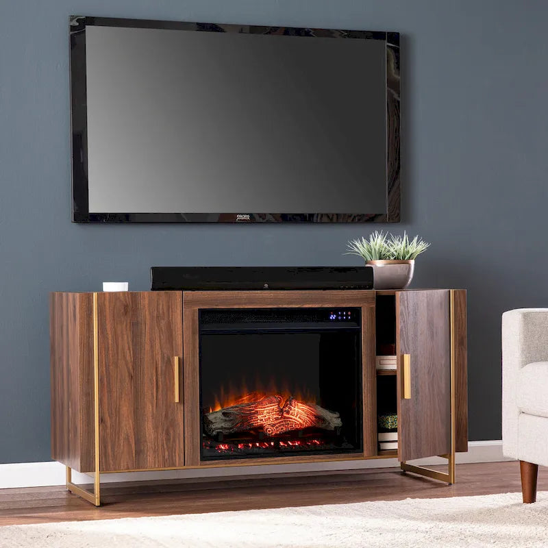 Meuble TV multimédia contemporain en bois marron avec foyer électrique, pour téléviseurs jusqu'à 52 pouces