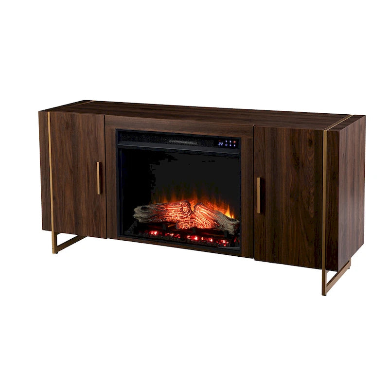 Meuble TV multimédia contemporain en bois marron avec foyer électrique, pour téléviseurs jusqu'à 52 pouces