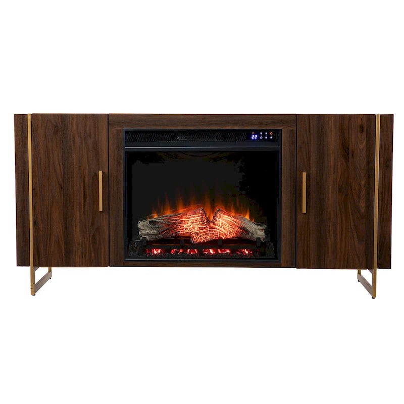 Meuble TV multimédia contemporain en bois marron avec foyer électrique, pour téléviseurs jusqu'à 52 pouces