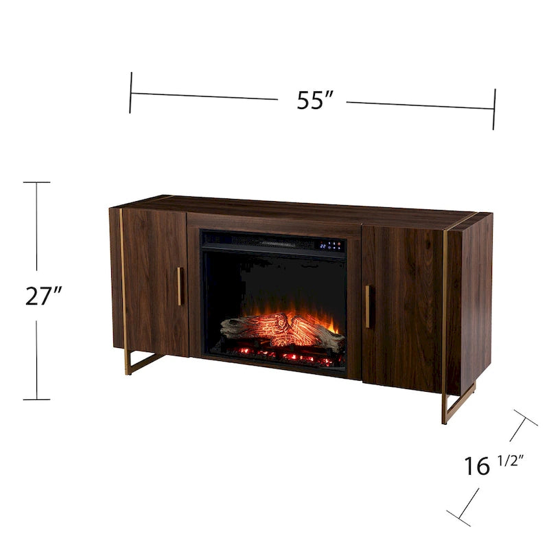 Meuble TV multimédia contemporain en bois marron avec foyer électrique, pour téléviseurs jusqu'à 52 pouces