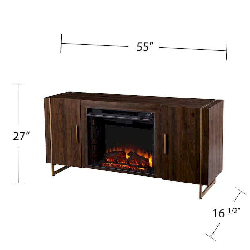 Meuble TV multimédia contemporain en bois marron avec foyer électrique, pour téléviseurs jusqu'à 52 pouces