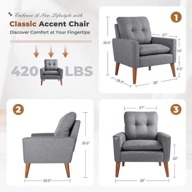 Fauteuil moderne en tissu avec pieds en bois massif — Chaise d'appoint pour salon