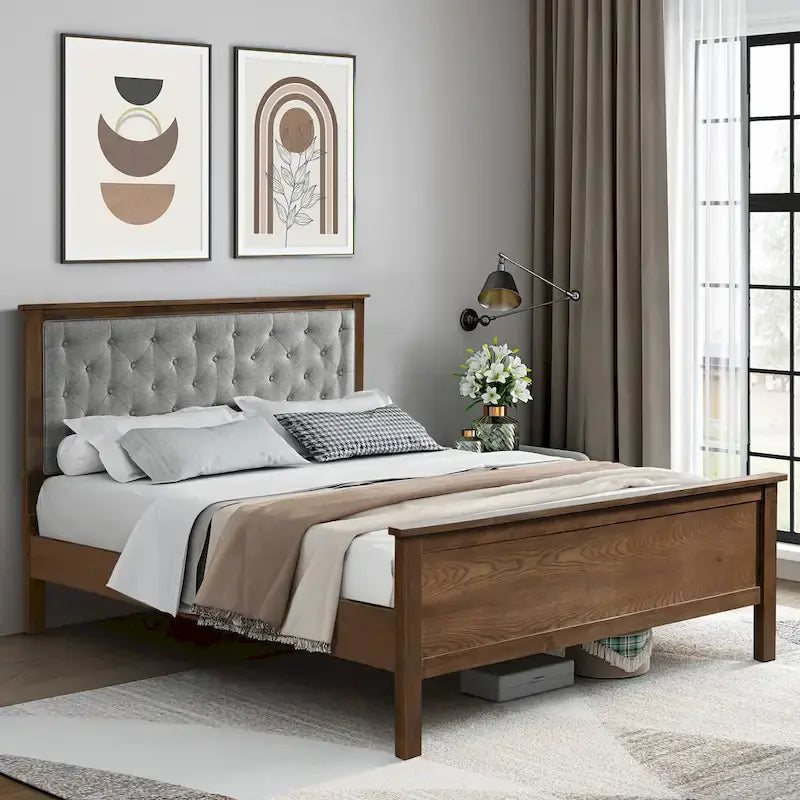 Tête de lit capitonnée grise et pied de lit en bois pour lit Queen Size