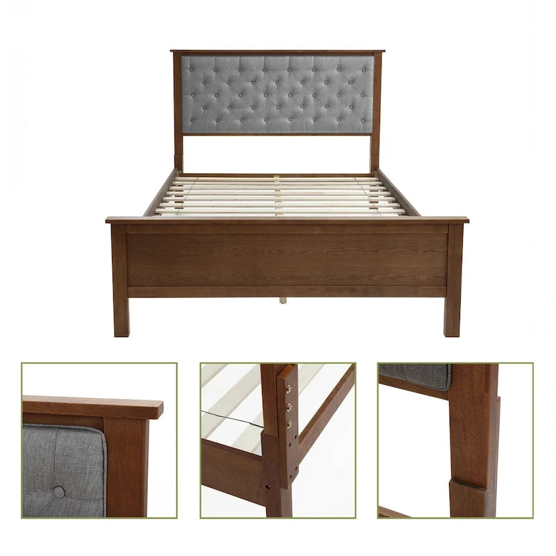 Tête de lit capitonnée grise et pied de lit en bois pour lit Queen Size