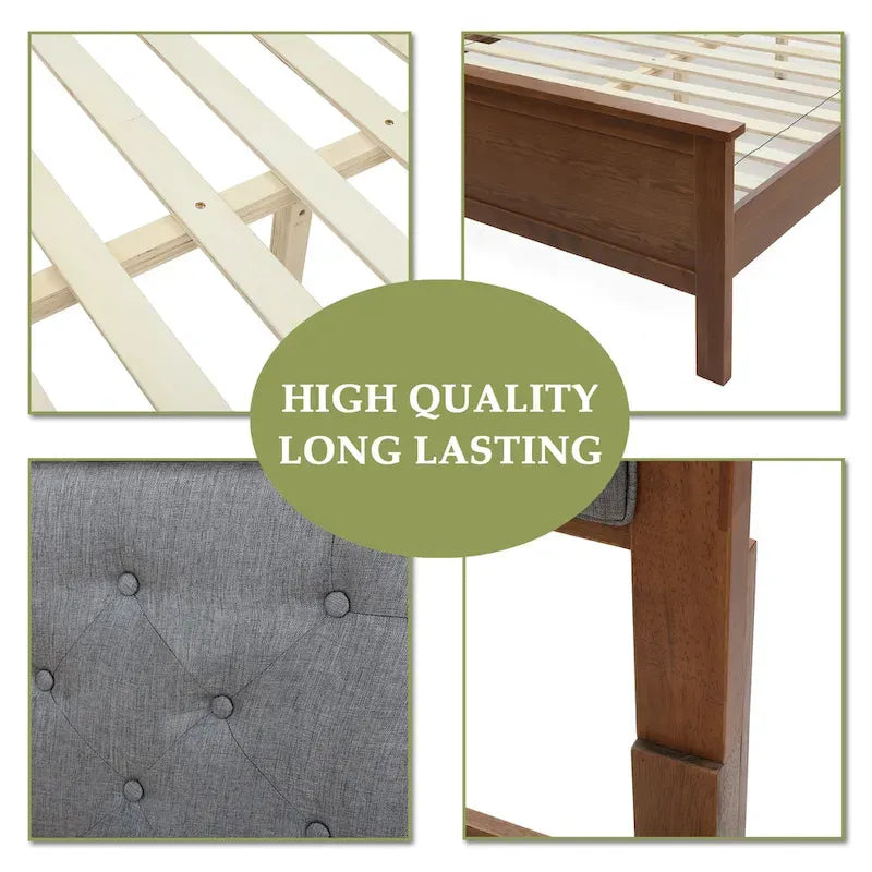 Tête de lit capitonnée grise et pied de lit en bois pour lit Queen Size
