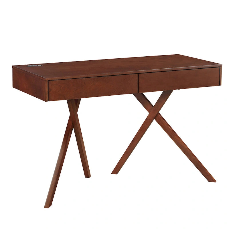Un bureau en bois à deux tiroirs avec un port USB et une prise électrique.