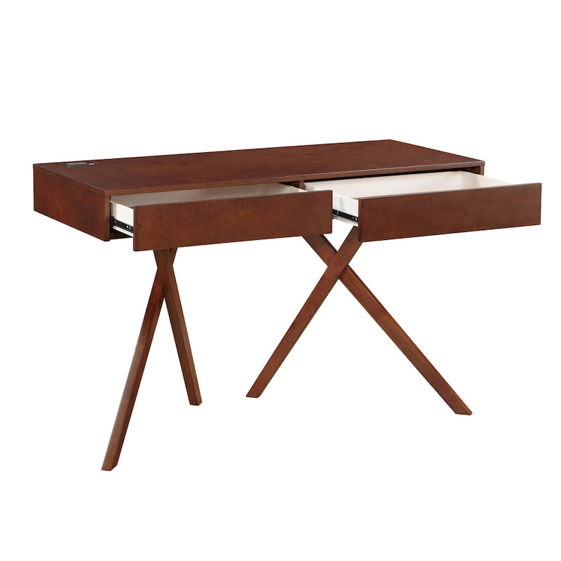 Un bureau en bois à deux tiroirs avec un port USB et une prise électrique.