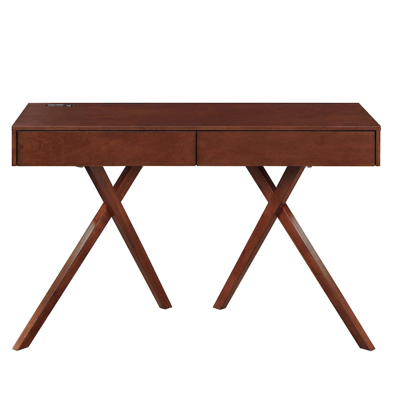 Un bureau en bois à deux tiroirs avec un port USB et une prise électrique.