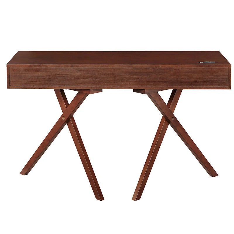 Un bureau en bois à deux tiroirs avec un port USB et une prise électrique.