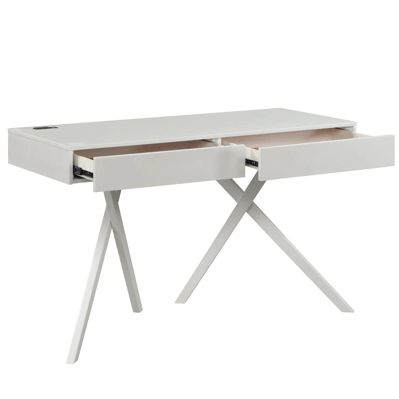 Un bureau en bois à deux tiroirs avec un port USB et une prise électrique.