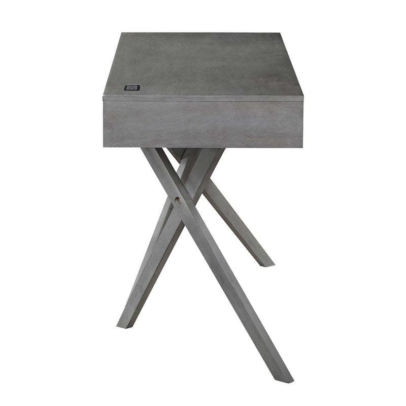 Un bureau en bois à deux tiroirs avec un port USB et une prise électrique.