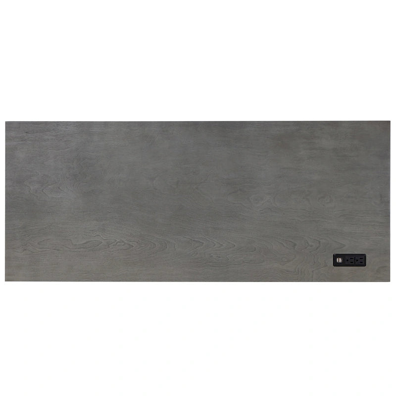 Un bureau en bois à deux tiroirs avec un port USB et une prise électrique.