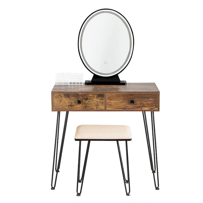 Coiffeuse avec miroir rond éclairé