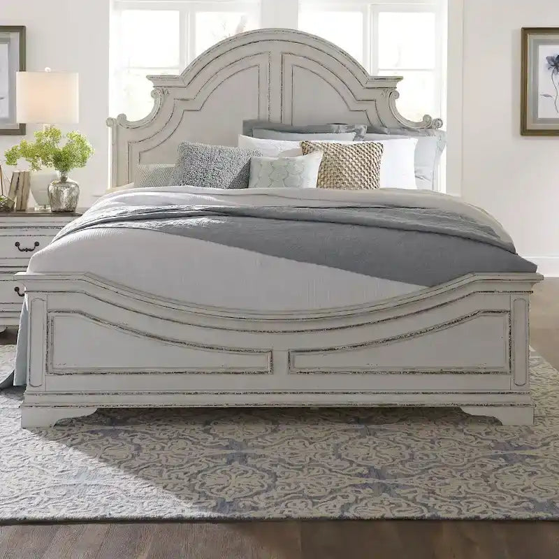 Lit à panneaux King size California en écorce vieillie blanc antique