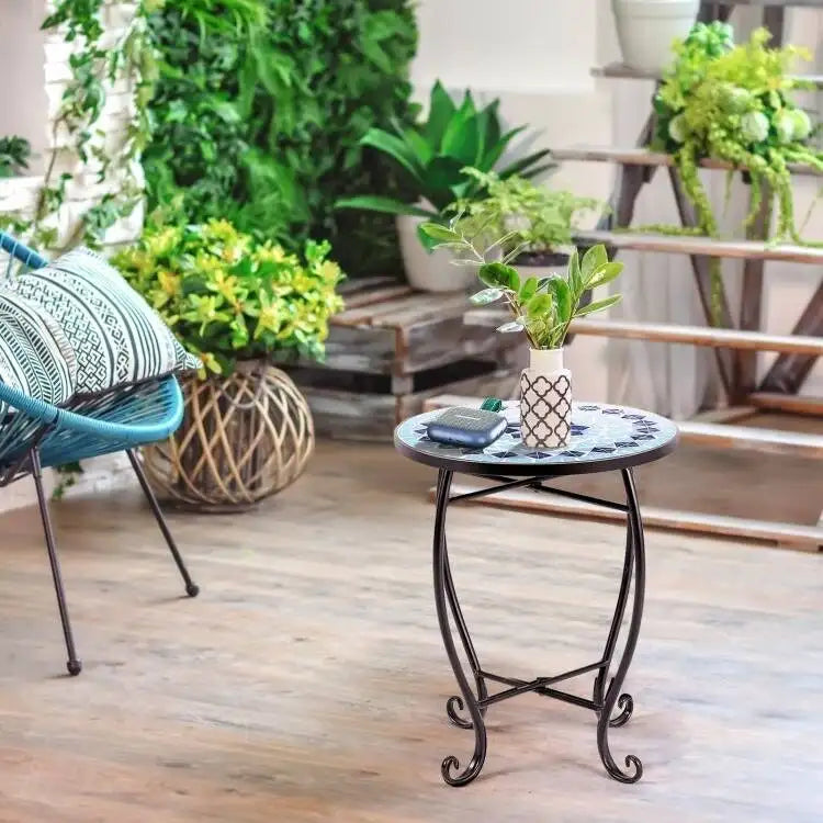 Table d'appoint ronde en mosaïque bleue pour l'intérieur/extérieur, support de plantes