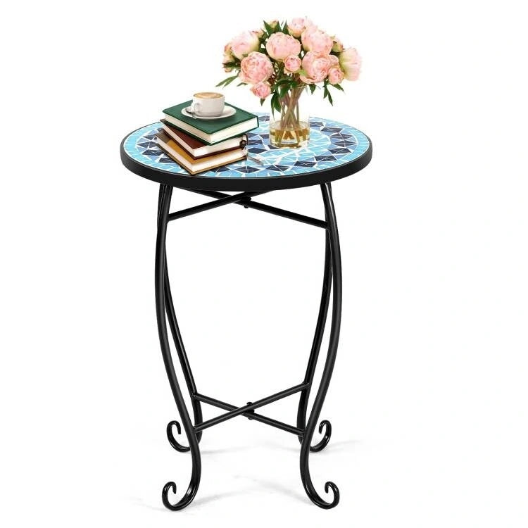 Table d'appoint ronde en mosaïque bleue pour l'intérieur/extérieur, support de plantes
