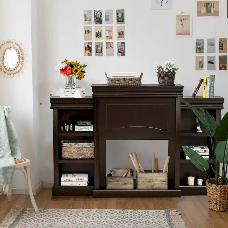 Meuble TV et centre de divertissement marron de 70 pouces avec bibliothèque et cheminée électrique