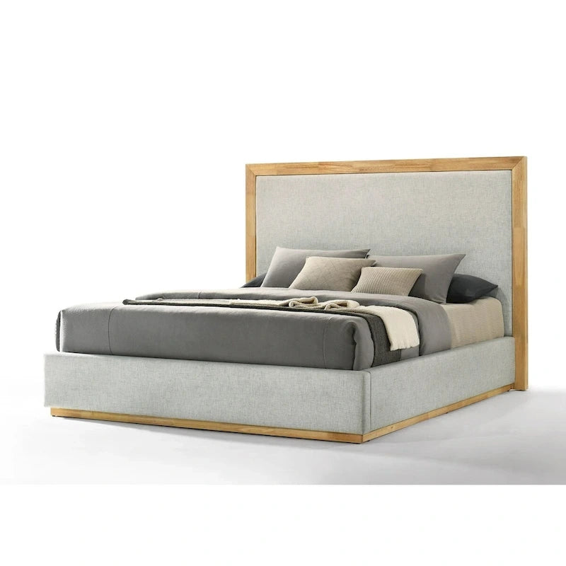 Lit rembourré gris de style moderne avec accents en bois naturel