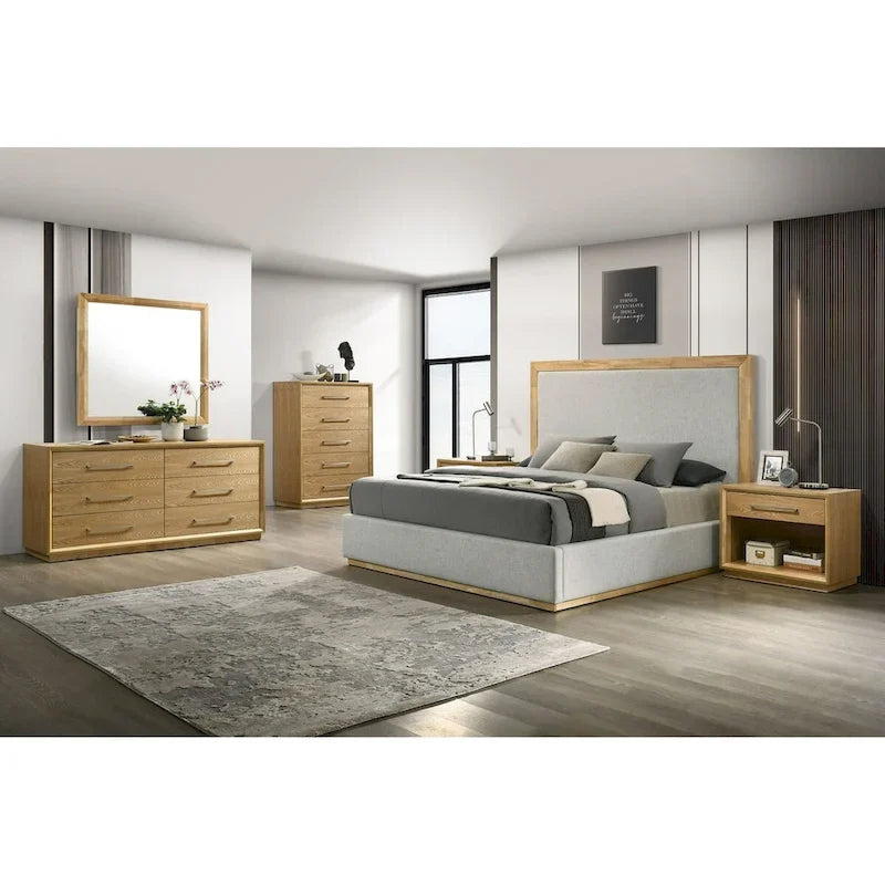 Lit rembourré gris de style moderne avec accents en bois naturel