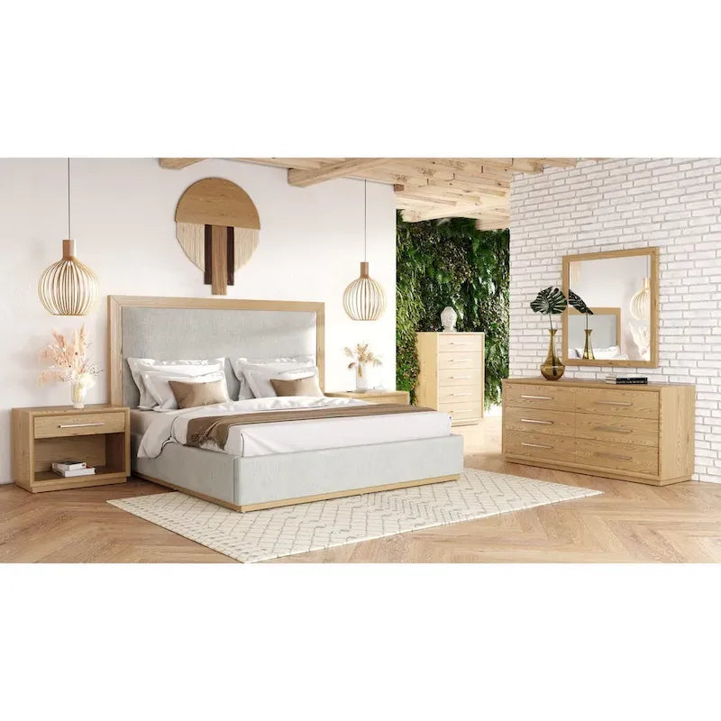 Lit rembourré gris de style moderne avec accents en bois naturel