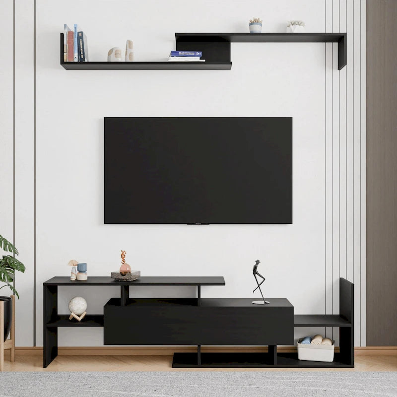Meuble TV flottant à tiroir unique, console multimédia avec étagères ouvertes