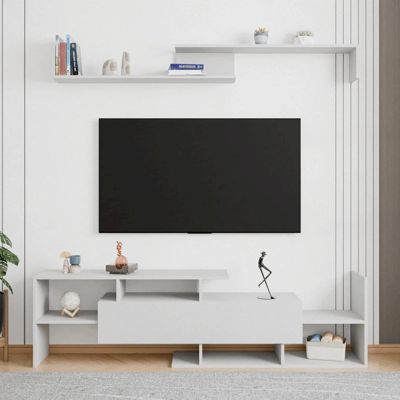 Meuble TV flottant à tiroir unique, console multimédia avec étagères ouvertes