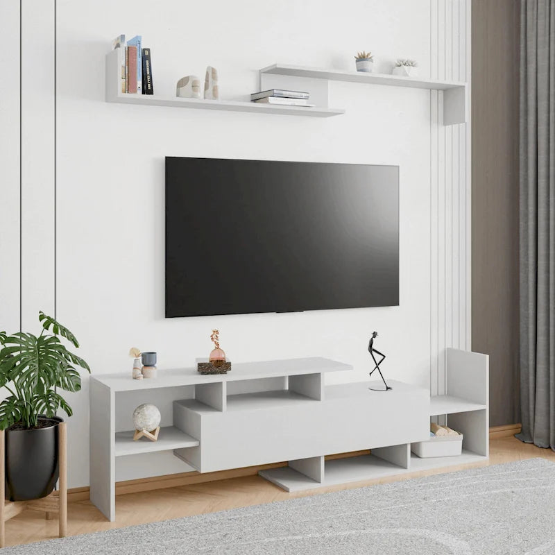 Meuble TV flottant à tiroir unique, console multimédia avec étagères ouvertes