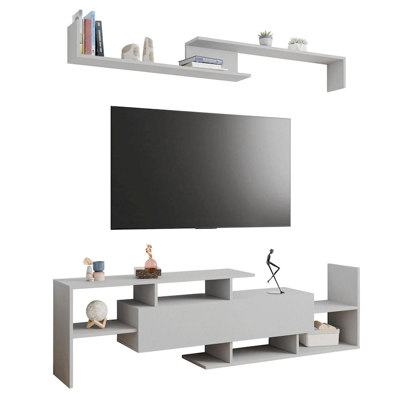 Meuble TV flottant à tiroir unique, console multimédia avec étagères ouvertes