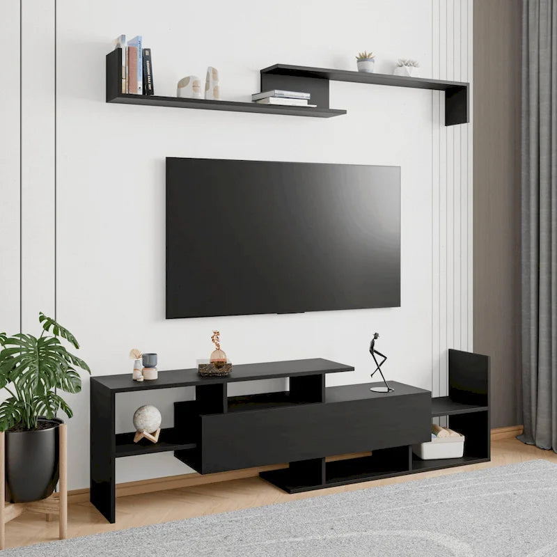 Meuble TV flottant à tiroir unique, console multimédia avec étagères ouvertes