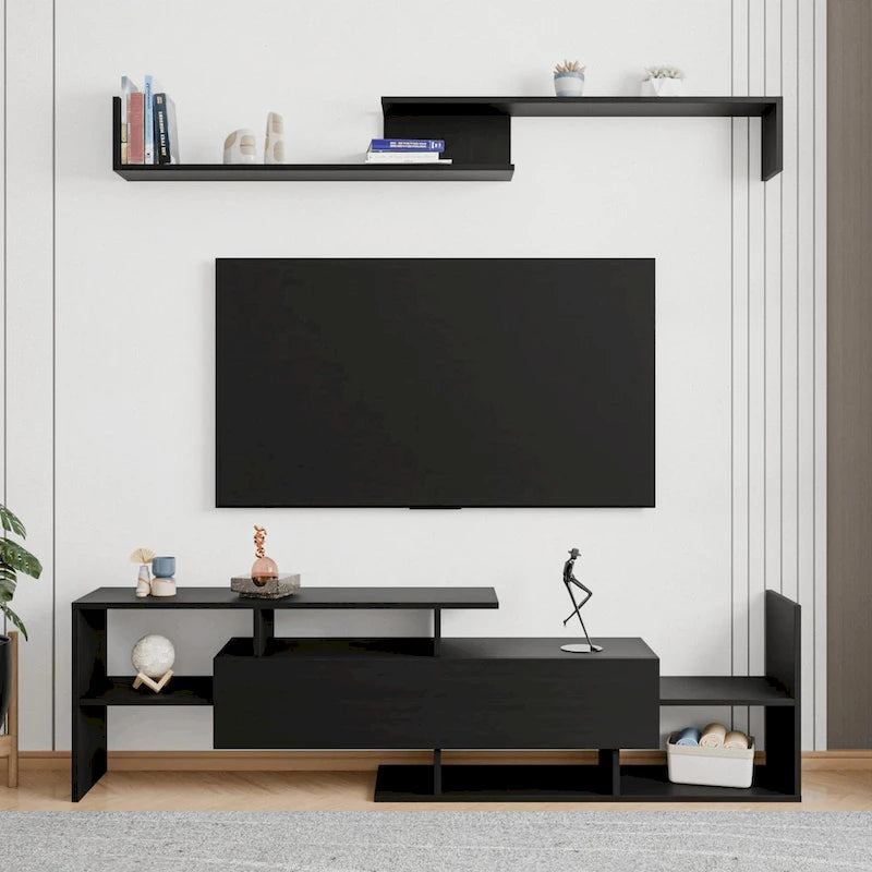 Meuble TV flottant à tiroir unique, console multimédia avec étagères ouvertes
