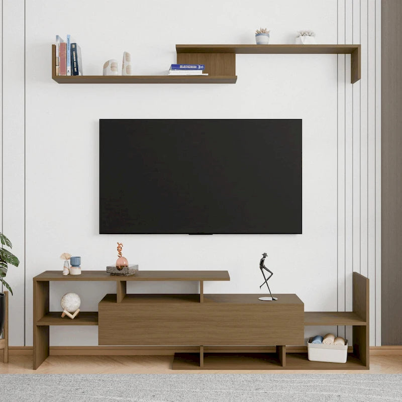 Meuble TV flottant à tiroir unique, console multimédia avec étagères ouvertes