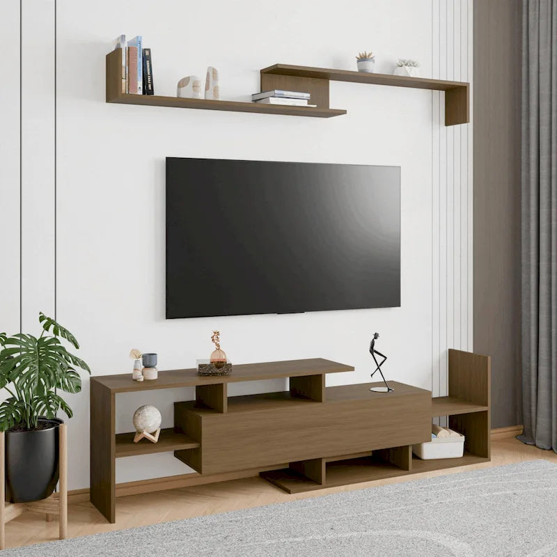 Meuble TV flottant à tiroir unique, console multimédia avec étagères ouvertes