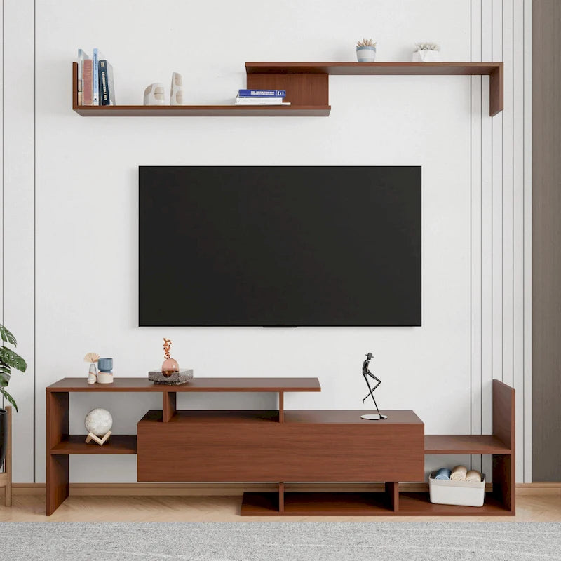 Meuble TV flottant à tiroir unique, console multimédia avec étagères ouvertes