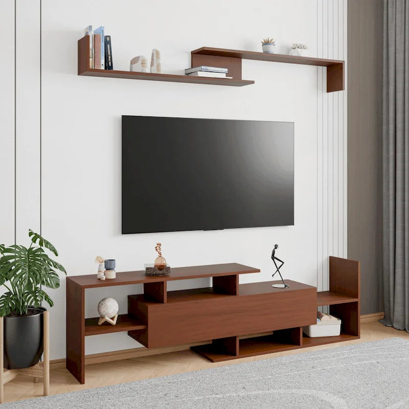 Meuble TV flottant à tiroir unique, console multimédia avec étagères ouvertes